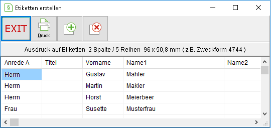Das Fenster "Etiketten erstellen"