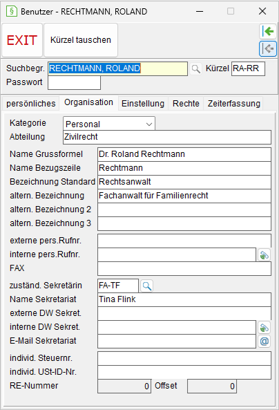 Die Benutzerverwaltung: die Registerkarte "Organisation"