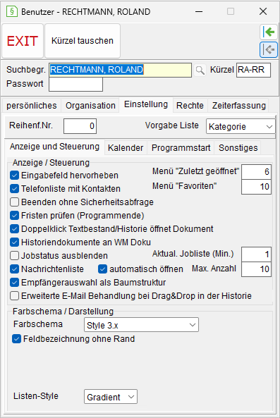 Die Benutzerverwaltung: die Registerkarte "Einstellung"