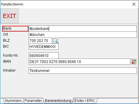 Stammdaten-Einstellungen: die Registerkarte "Bankverbindung"