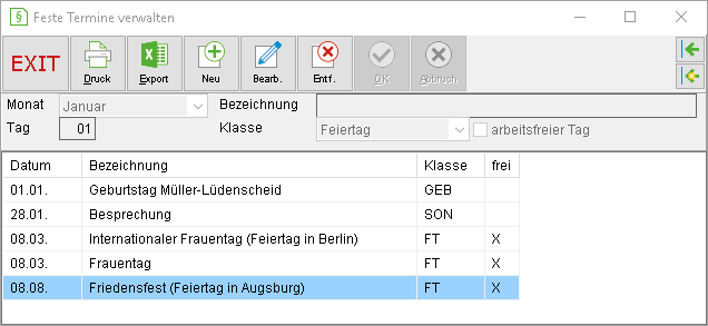 Das Fenster "Feste Termine verwalten"