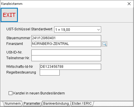 Stammdaten-Einstellungen: die Registerkarte "Parameter"