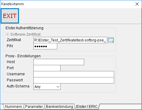 Stammdaten-Einstellungen: die Registerkarte "Elster/ ERIC"