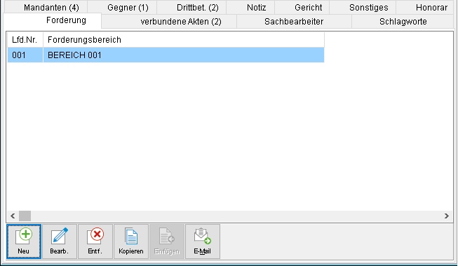 Die Akten-Registerkarte "Forderung"