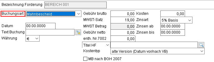 Das Forderungs-Fenster: die Registerkarte "Forderungskonto" (Ausschnitt)