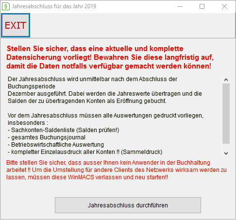 Das Fenster "Jahresabschluss für das Jahr ..."