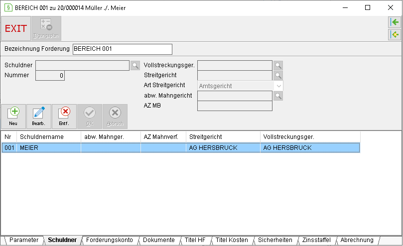 Das Forderungs-Fenster: die Registerkarte "Schuldner"