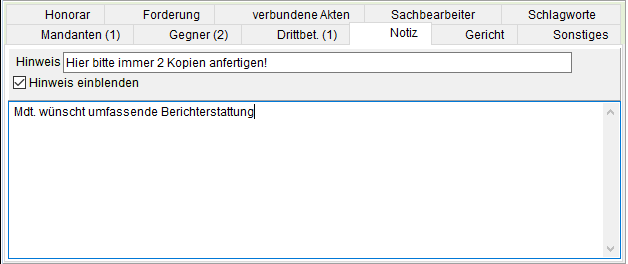 Die Akten-Registerkarte "Notiz"