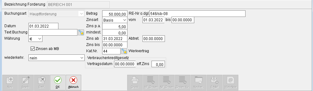 Das Forderungs-Fenster: die Registerkarte "Forderungskonto" (Ausschnitt)