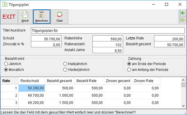 Das Fenster "Tilgungsplan"