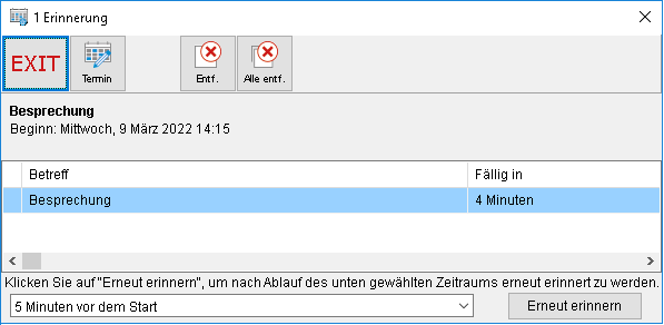Das Fenster "Erinnerung"