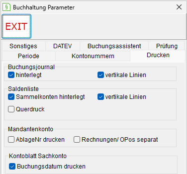 Buchhaltung-Parameter: die Registerkarte "Drucken"
