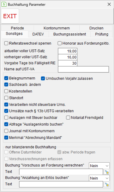 Buchhaltung-Parameter: die Registerkarte "Sonstiges"