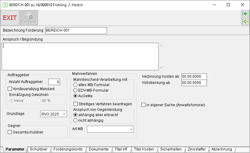 Das Forderungs-Fenster: die Registerkarte "Parameter"