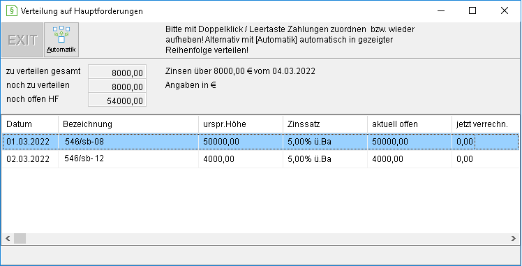 Das Fenster "Verteilung auf Hauptforderung"