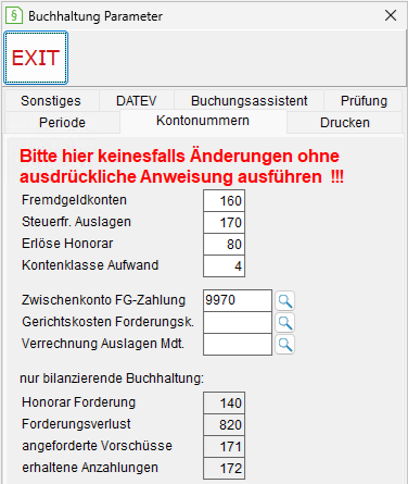 Buchhaltung-Parameter: die Registerkarte "Kontonummern"