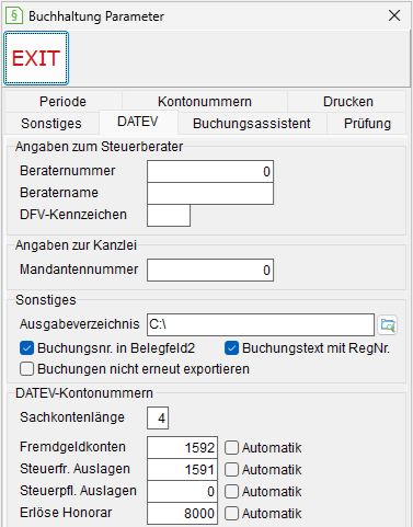 Buchhaltung-Parameter: die Registerkarte "DATEV"