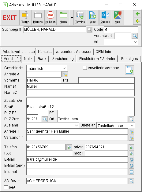 Das Adressfenster: die Registerkarte "Anschrift"
