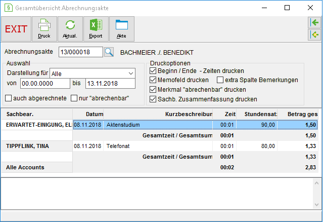 Das Fenster "Gesamtübersicht Abrechnungsakte"