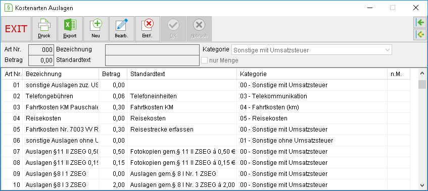 Das Fenster "Kostenart Auslagen"
