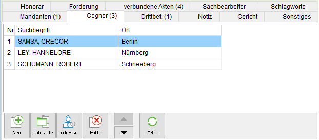 Die Akten-Registerkarte "Gegner"