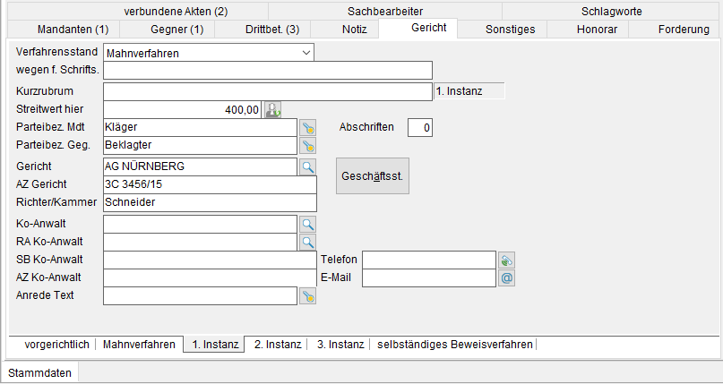 Die Akten-Registerkarte "Gericht”: die Unterregisterkarte "1. Instanz"