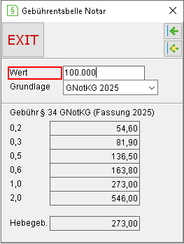 Das Fenster "Gebührentabelle Notar"