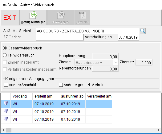 Das Fenster "AuGeMa – Auftrag Widerspruch"