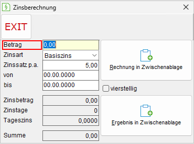 Das Fenster "Zinsberechnung"