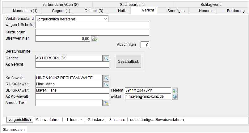 Die Akten-Registerkarte "Gericht"