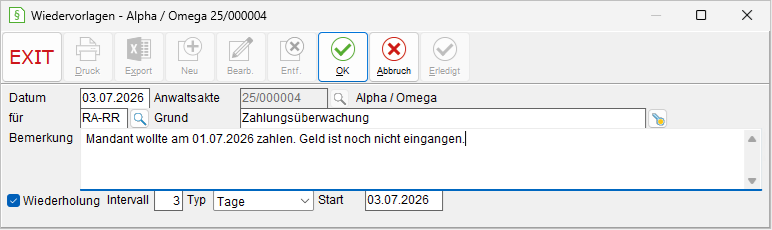 Das Fenster "Wiedervorlagen – Akte"