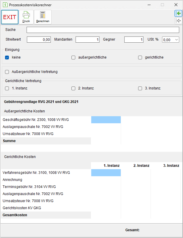 Der Prozesskostenrisikorechner