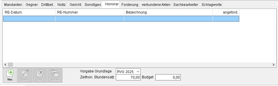 Die Akten-Registerkarte "Honorar"