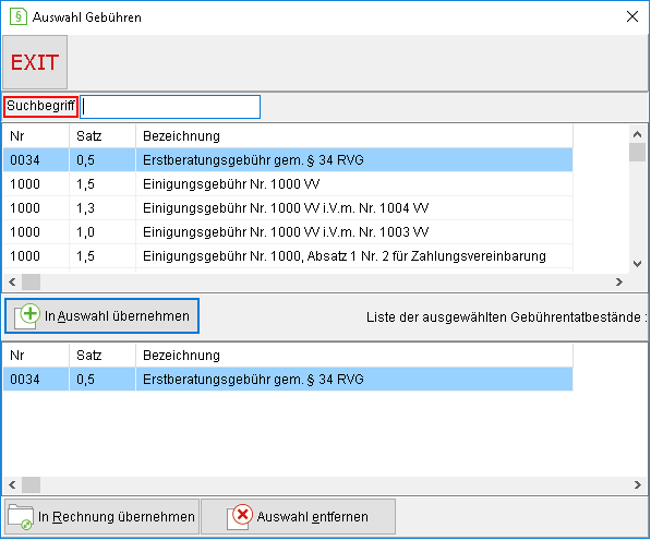 Das Fenster "Auswahl Gebühren"