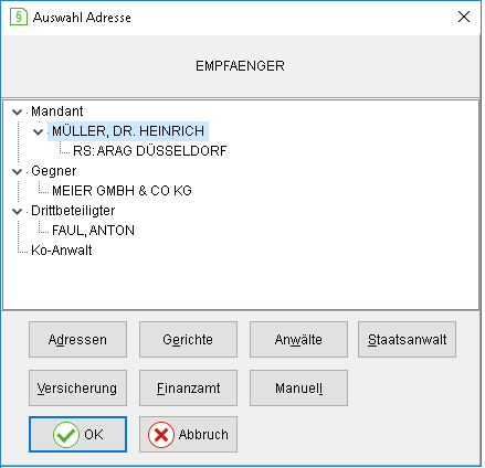 Das Fenster "Auswahl Adresse" mit Baumstruktur