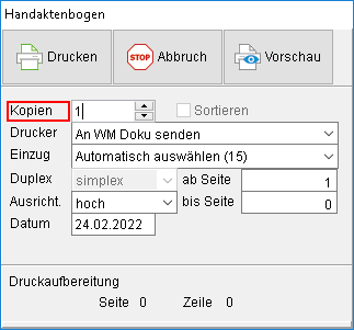 Der Druck-Dialog des Handaktenbogens