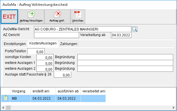 Das Fenster "AuGeMa – Auftrag Mahnbescheid"