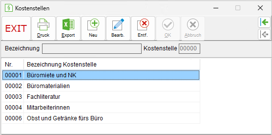 Das Fenster "Kostenstellen"