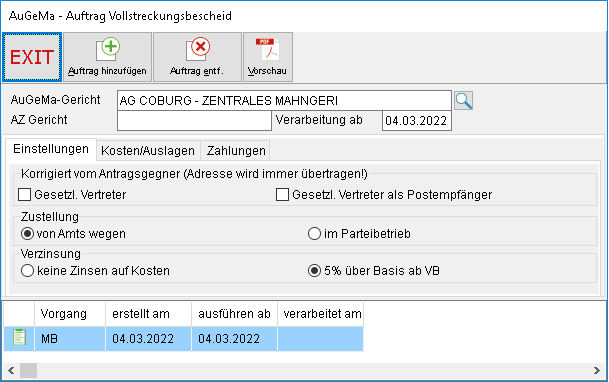 Das Fenster "AuGeMa – Auftrag Vollstreckungsbescheid"