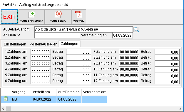 Das Fenster "AuGeMa – Auftrag Mahnbescheid"