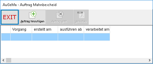 Das Fenster "AuGeMa – Auftrag Mahnbescheid"