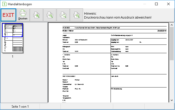 Die Druckvorschau des Handaktenbogens