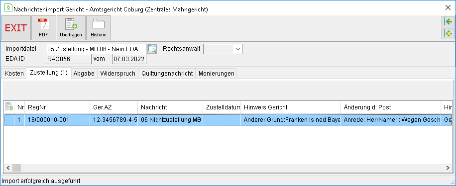 Das Fenster "Nachrichtenimport Gericht"