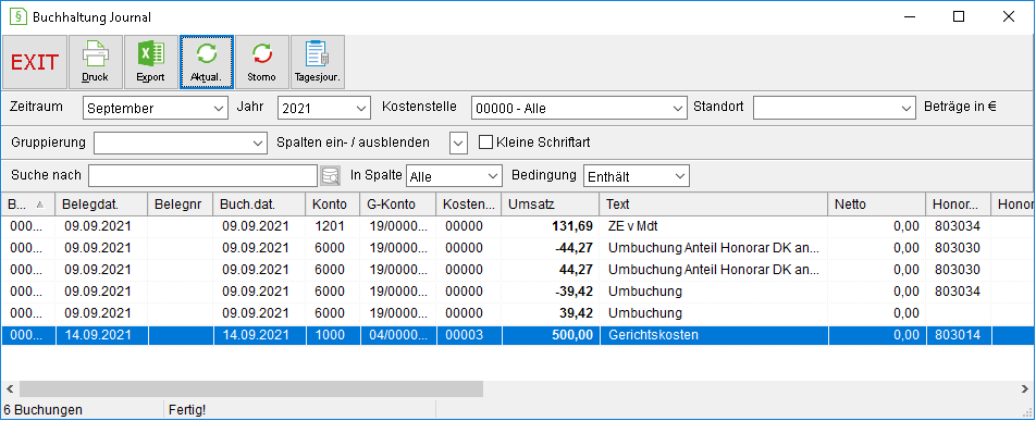 Das Fenster "Buchhaltung Journal"