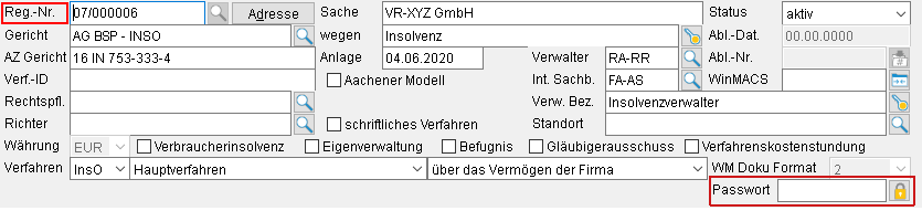 Passwort-Feld im Rubrum des Insolvenz-Verfahrens
