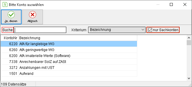 Das Fenster "Bitte Konto auswählen"