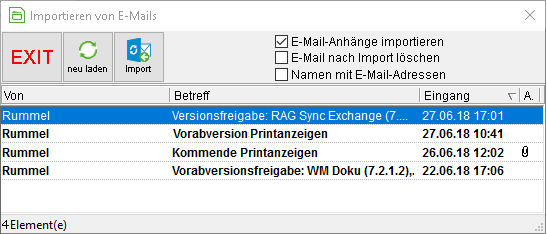 Das Fenster "Importieren von E-Mails"