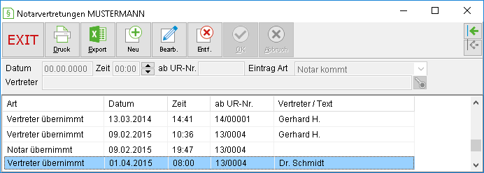 Das Fenster "Notarvertretungen"