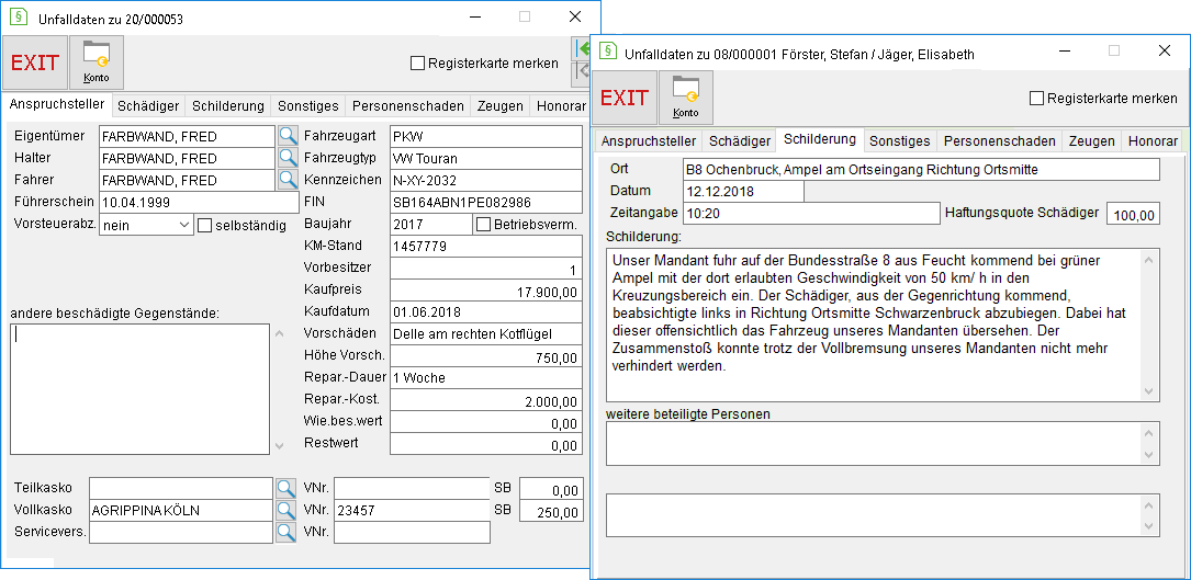 Das Detailsfenster für Unfallsachen bzw. Unfalldaten: die Registerkarten "Anspruchsteller" und "Schilderung"