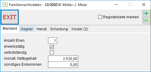 Das Detailsfenster für Familiensachen bzw. Familienrechtsdaten